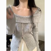 Design sense of pure lust hottie off-shoulder word-neck sweater womens autumn and winter thickened long-sleeved knitted cardigan bottoming top