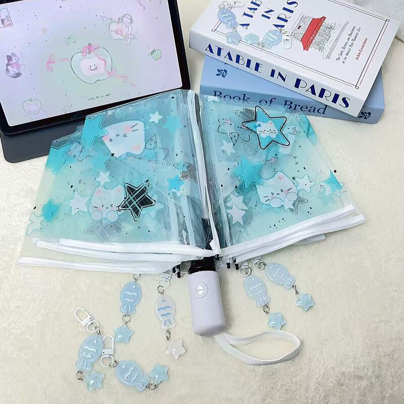 Small Fish Pendant~~High-Quality Transparent Umbrella with Cute Cartoon Cat Design, Fully Automatic Folding Umbrella, Thickened Student Umbrella Small Fish Pendant~~High-Quality Transparent Umbrella with Cute Cartoon Cat Design, Fully Automatic Folding Umbrella, Thickened Student Umbrella