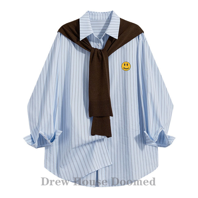 Drew House Doomed Smiley Face with Shawl Simple Retro Striped Long Sleeve Shirt Loose Blue Top