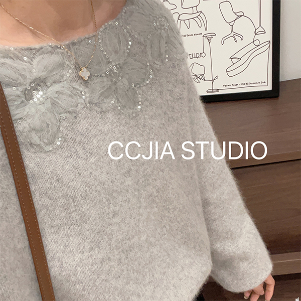 【Gray Sequin Flowers】Simple Knitted Loose Casual Fashion Versatile Long-Sleeve Knit Top, Popular for Wearing Outside