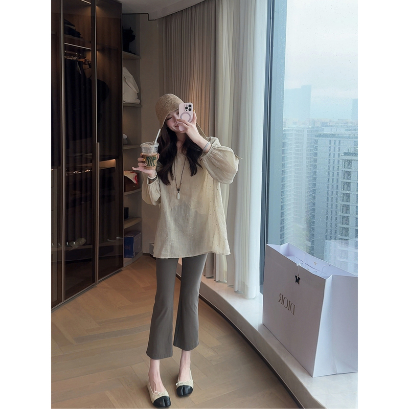 Yuyu Wang【Cold Tea Brown】French-Style High-Waisted Cropped Pants for Women, Slimming Leggings, Cold Tea Brown Leggings