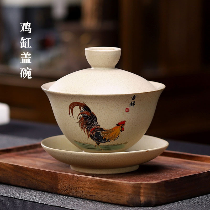 Vintage coarse pottery chicken pot cup matching three-year-old cover bowl Single non-hot teacup tea three-year-old bowl Kung fu tea bowl
