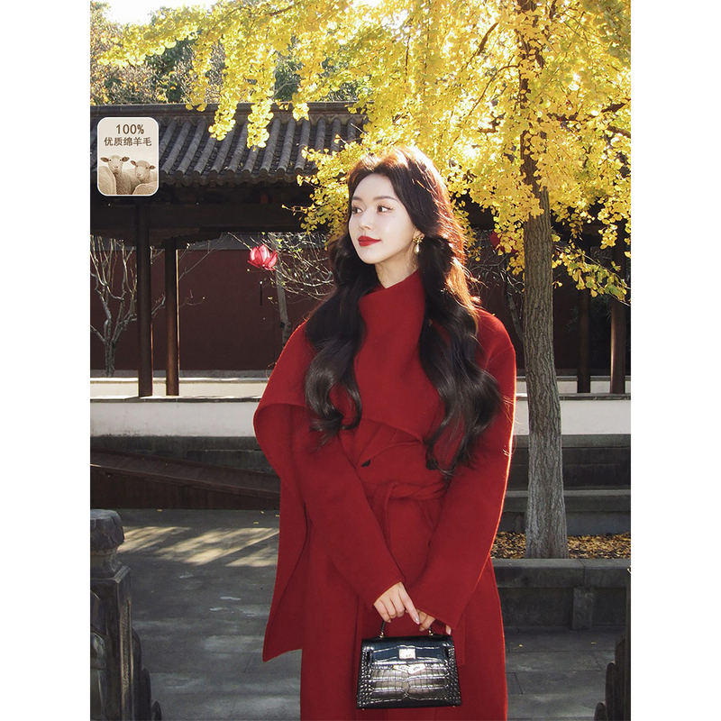 Feng Xinying's All-Wool Red Coat for Women, Autumn and Winter Wedding Cape Style, Scarf Collar, Double-Sided Woolen Coat, Mid-Length Feng Xinying's All-Wool Red Coat for Women, Autumn and Winter Wedding Cape Style, Scarf Collar, Double-Sided Woolen Coat, Mid-Length