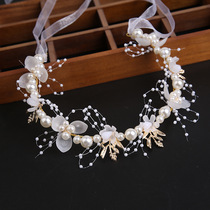 Super fairy golden leaf headband flower garland pearl headband brides new crown sweet European style wedding dress childrens headdress