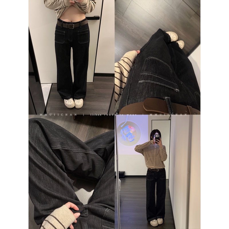 Mmuiichan Black and Gold Narrow Wide-Leg Jeans, Loose Straight-Cut, Slimming, Versatile Casual Pants