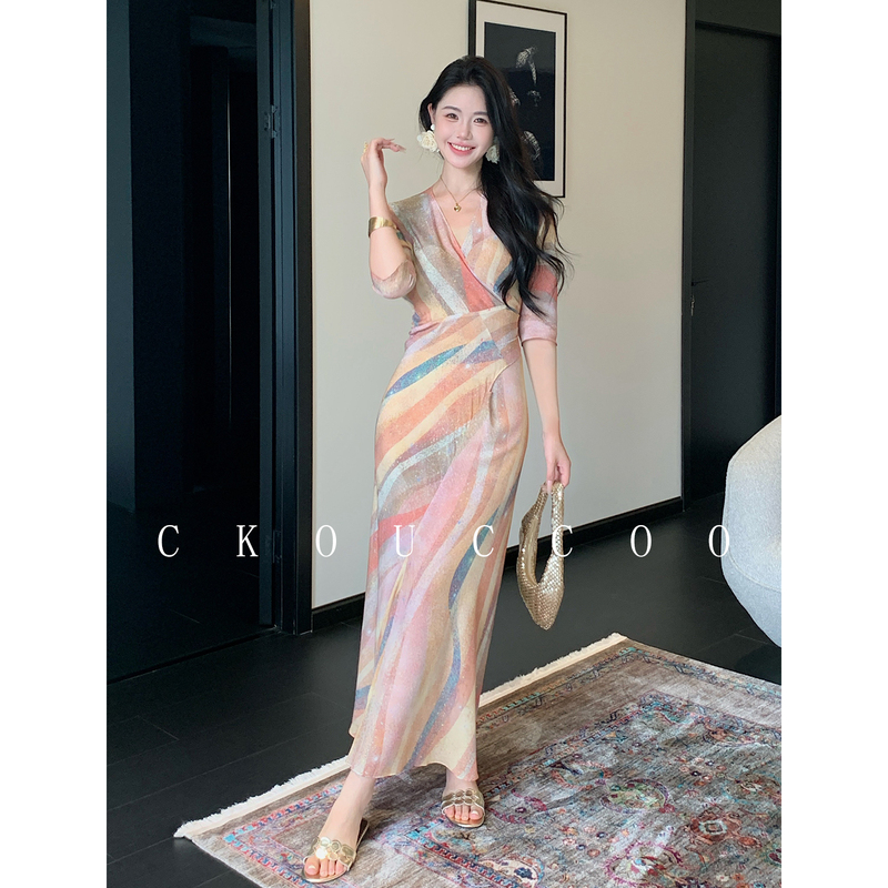 Colorful Glass Floral Silk Dress for Women, V-Neck, One-Piece Wrap-Around Waist, Slimming, Romantic Long Dress Colorful Glass Floral Silk Dress for Women, V-Neck, One-Piece Wrap-Around Waist, Slimming, Romantic Long Dress