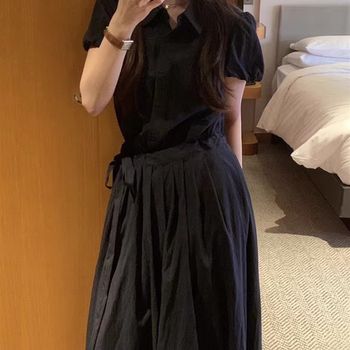 South korea's dongdaemun summer niche style lapel one-piece strap waist slimming short-sleeved shirt dress for women