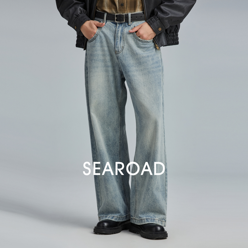 Sea Highway official store 100% Cotton Heavy-Duty Washed Vintage Jeans for Men, Versatile Loose Straight-Leg Pants Sea Highway official store 100% Cotton Heavy-Duty Washed Vintage Jeans for Men, Versatile Loose Straight-Leg Pants