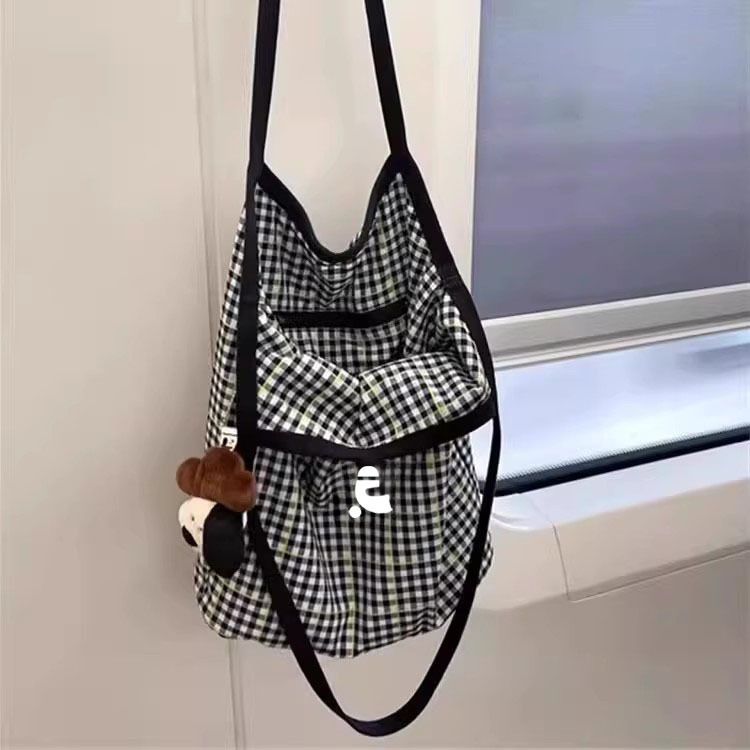 [Rbionrun] Korean R Letter Printed Plaid Shoulder Bag Large Capacity Casual Canvas Bag Handbag for Women