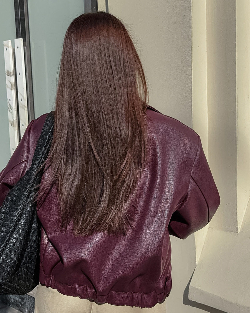 Кожаная куртка 欧美复古机车风酒红色皮衣女时髦哑光皮夹克外套女leather jacket