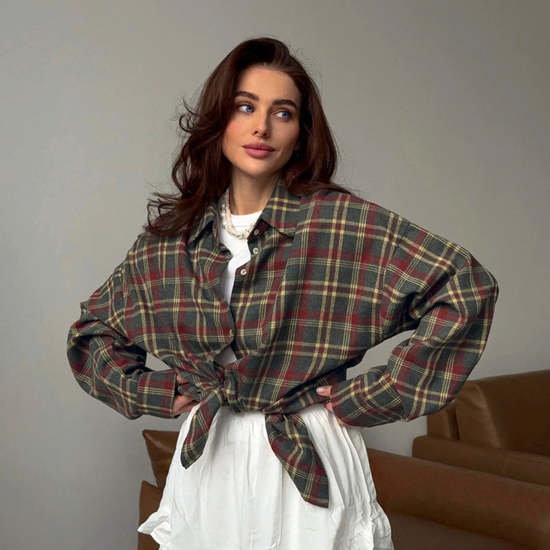 European and American Style Retro Versatile Casual Lapel Long-Sleeve Cardigan Shirt for Women