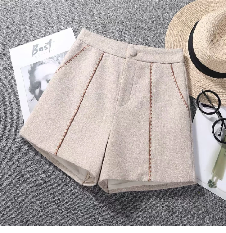 Quần short len ​​nữ mùa đông 2018 thu đông mới eo cao phiên bản Hàn Quốc của quần ống rộng cạp cao thường mặc bên ngoài mặc quần bốt