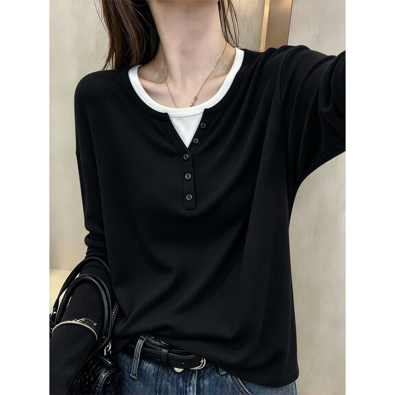 Soft and Pure Cotton Henry Collar Fake Two-Piece Plus Size Long-Sleeve T-Shirt for Women, Fashionable and Age-Reducing, Black Slimming Top for Autumn and Winter