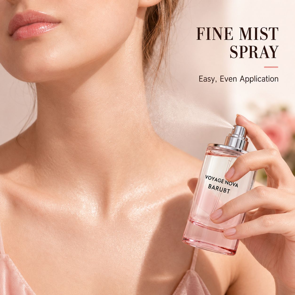Ultra fine mist spray nozzle application on female skin neck pulse point