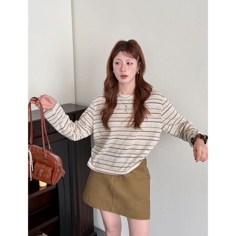 Xianzai【Retro Stripes】Autumn New Casual Round-Neck Striped Long-Sleeved Inner Layering Shirt X0179