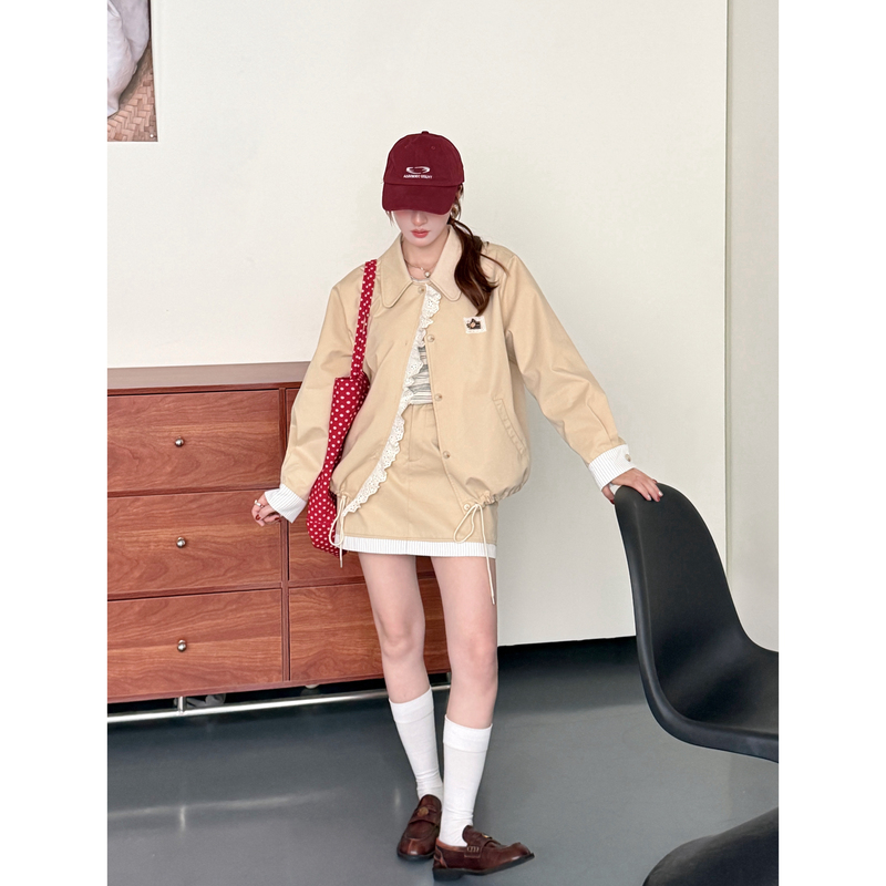 Xianzai【Autumn Picnic】Autumn New Striped Bottoming Lapel Lace Jacket and Short Skirt Set X0178 Xianzai【Autumn Picnic】Autumn New Striped Bottoming Lapel Lace Jacket and Short Skirt Set X0178