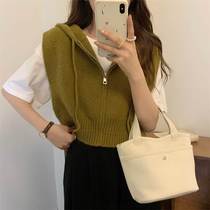 Korean style retro casual all-match solid color outer vest womens top zipper drawstring hooded early autumn knitted horse trend