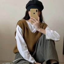 Korean style v-neck loose and slim pullover knitted vest 2024 spring new style small fresh sleeve sweater vest for women