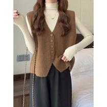 Solid color knitted vest for women Korean style round neck stacked autumn and winter new style single breasted loose outer sleeveless sweater cardigan
