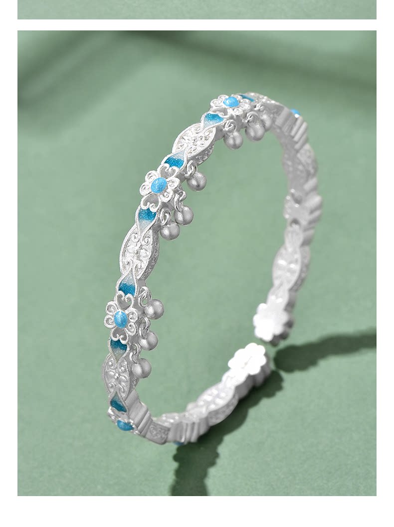 银饰手镯 中国黄金珐琅蓝楹花手镯银手镯银镯子足银999手镯送女友七夕礼物 China Gold