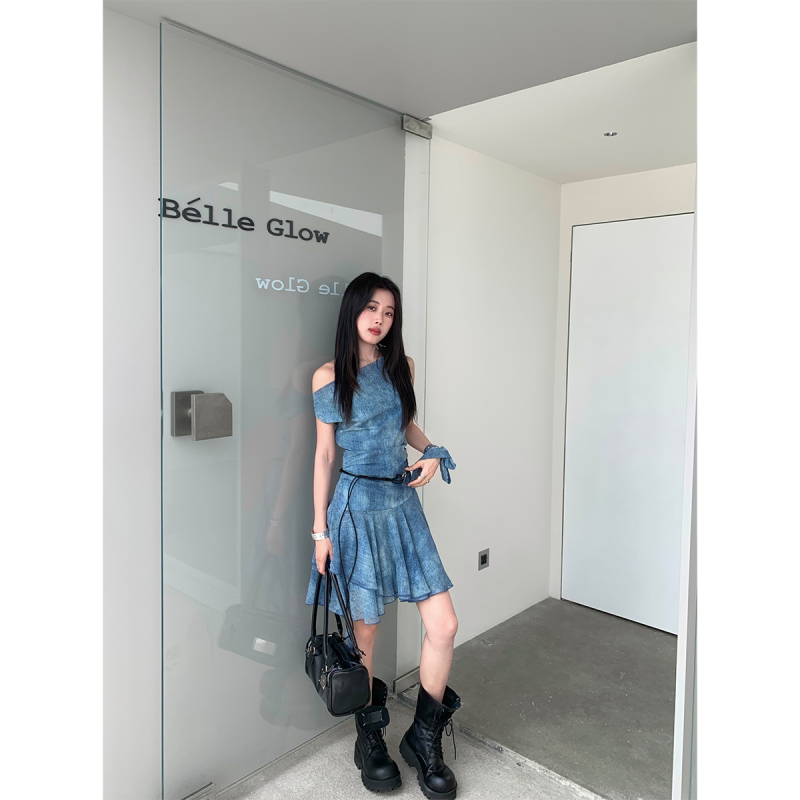 Joeyoo High-End Asymmetrical Ruffled Blue Dress for Women, Summer Design, One-Shoulder Sleeveless Waist-Cinching Short Dress