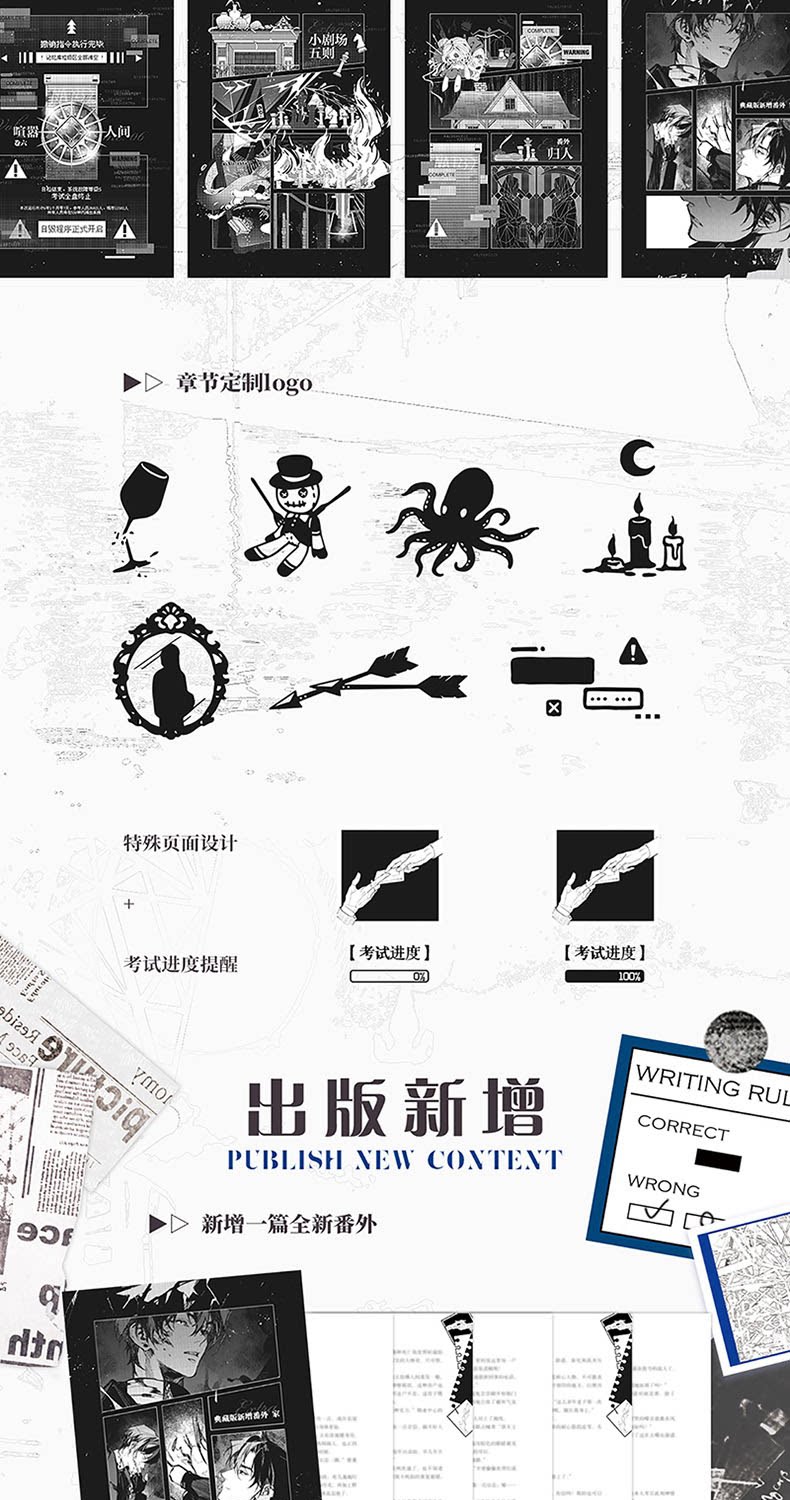 Global Examination novel three-volume spread with character profiles