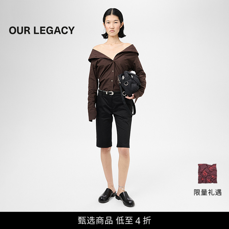 [Selected Special Offer] Our Legacy Women's Hip Capri Black Glossy Cotton Satin Shorts