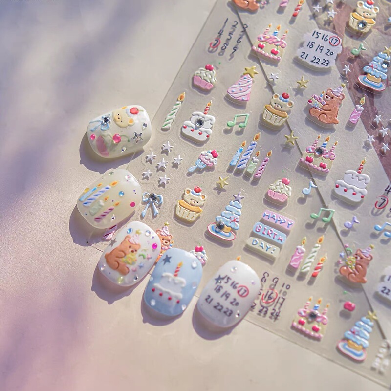 Cartoon Cute Bear Happy Birthday Cake Nail Art Stickers Embossed Stereo DIY Water Cup Ccd Nail Stickers Decoration