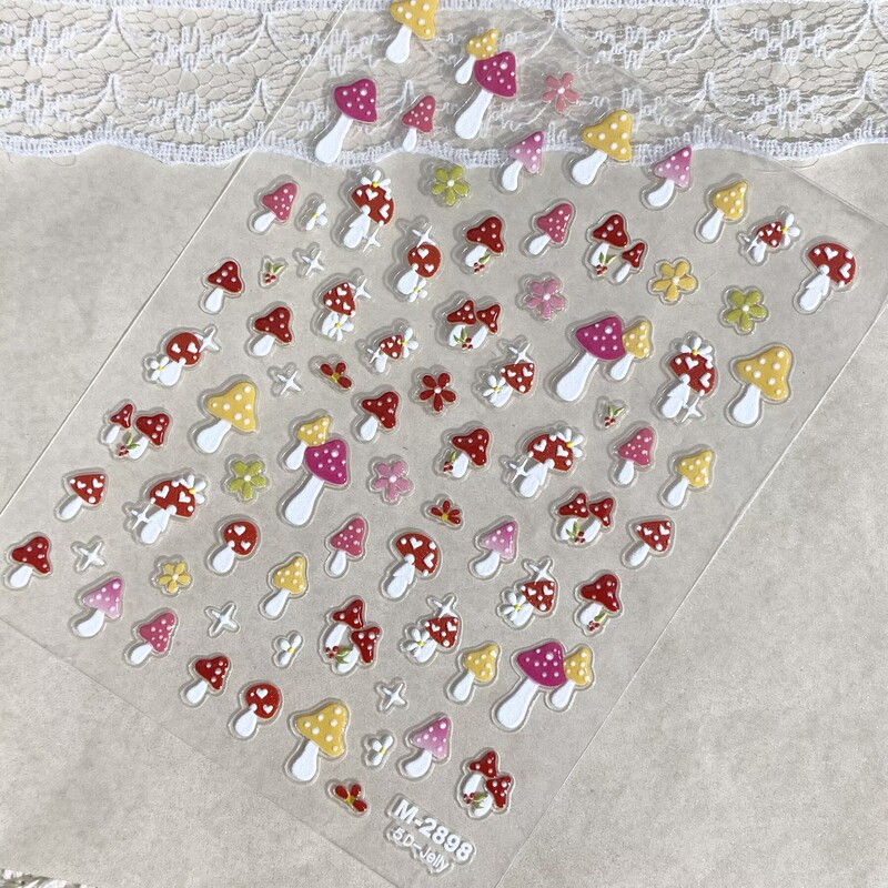 Pastoral Style Colorful Mushroom Flower Nail Stickers Embossed 3D Autumn Small Mushroom Adhesive Nail Decorations