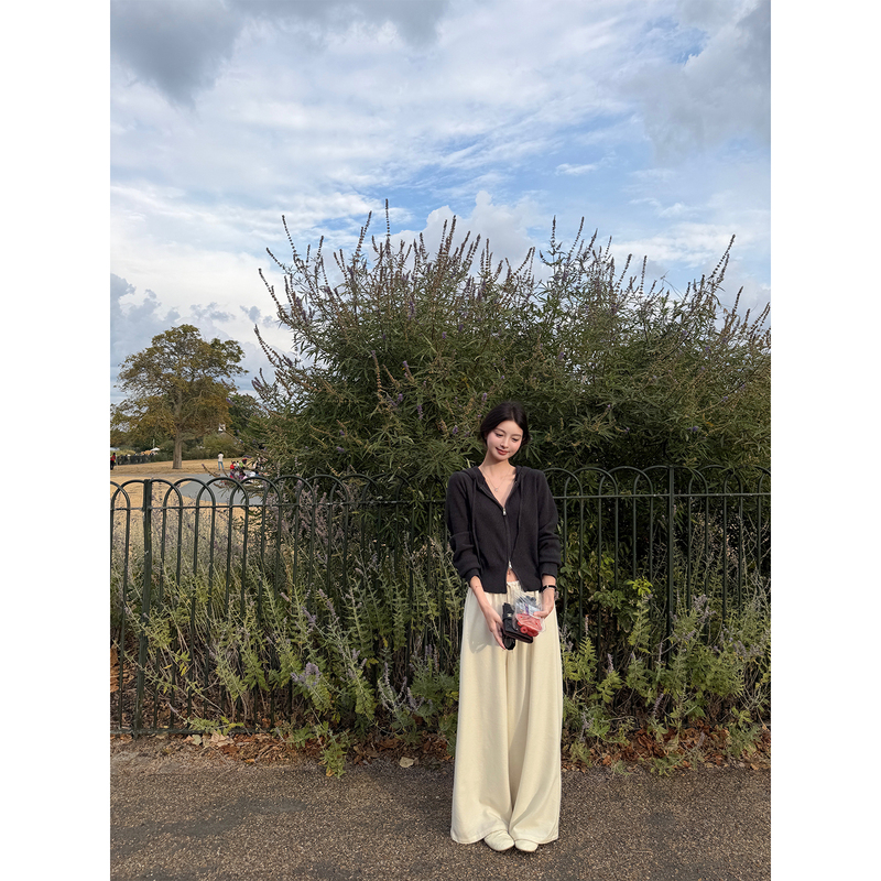 Fleme Muyue's "Almond White Glaze" Simple and Elegant Acetate Spliced Drawstring Straight Wide-Leg Pants Fleme Muyue's "Almond White Glaze" Simple and Elegant Acetate Spliced Drawstring Straight Wide-Leg Pants