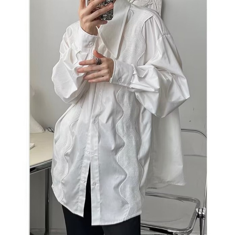 Autumn and Winter Plus Size 125kg French Niche Heavy-Duty Wave Embroidery White Long-Sleeve Shirt Men's Trendy Brand Loose Shirt Autumn and Winter Plus Size 125kg French Niche Heavy-Duty Wave Embroidery White Long-Sleeve Shirt Men's Trendy Brand Loose Shirt