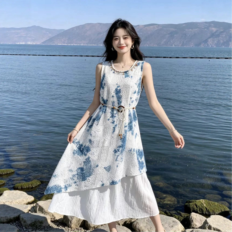 Yunnan Dali Tie-Dye Sleeveless Dress with Irregular Hem, Fake Two-Piece Long Dress, Beach Vacation Dress