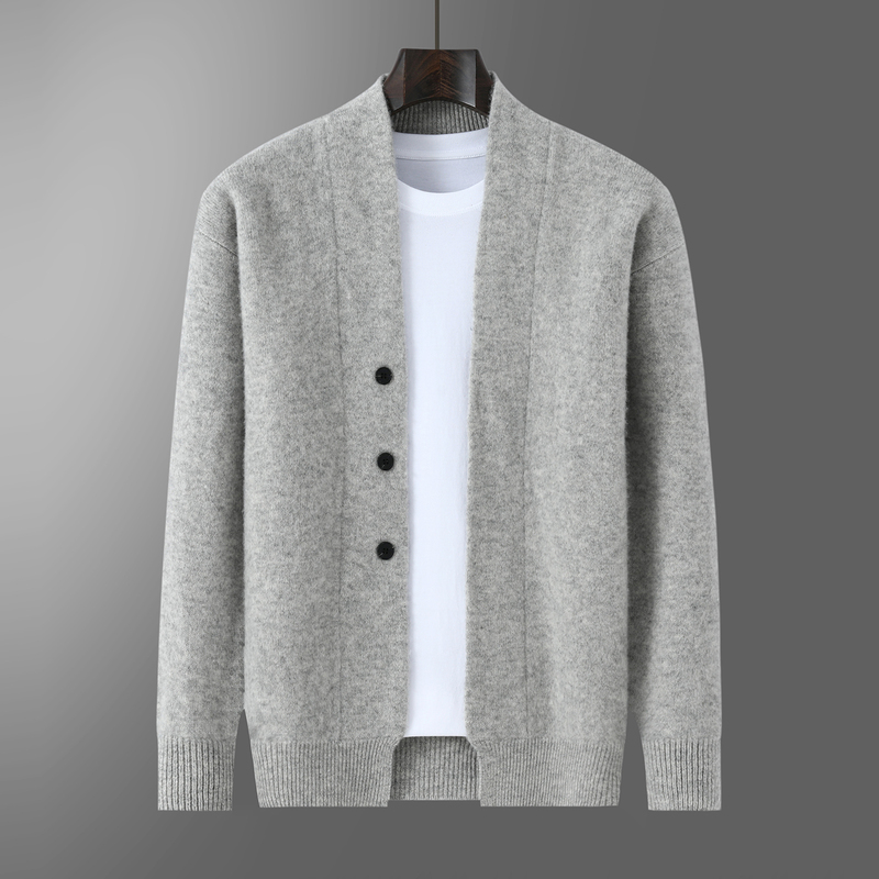 Autumn and Winter V-Neck Pure Wool Cardigan for Men, Thick, Loose, with Button Decoration, Versatile Knit Sweater, Old Money Style Jacket