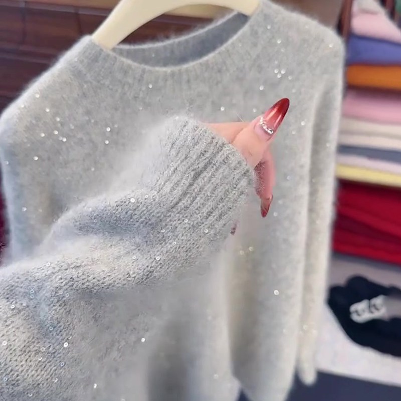French-Style Gentle Gray Sequin Base Shirt for Women, 2026 Spring New Model, Elegant and High-Quality Sweater French-Style Gentle Gray Sequin Base Shirt for Women, 2026 Spring New Model, Elegant and High-Quality Sweater