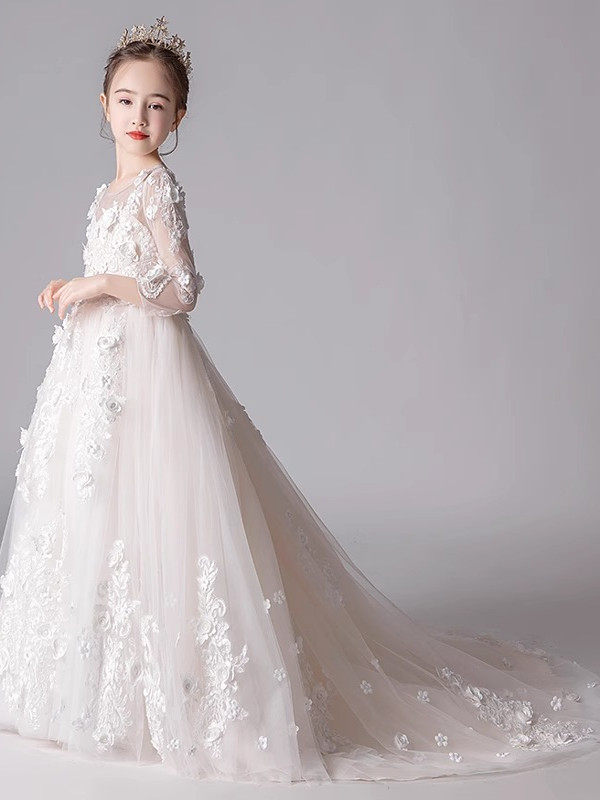 Girls' Dress, Children's Princess Dress, Birthday Flower Girl Wedding Dress, Little Host's Stunning Piano Performance Dress, Runway Show with Train