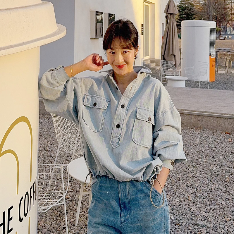 Ikigai Denim Pullover Shirt 100% Cotton Lapel Short Front Long Back Hem Adjustable Denim Sweatshirt Ikigai Denim Pullover Shirt 100% Cotton Lapel Short Front Long Back Hem Adjustable Denim Sweatshirt