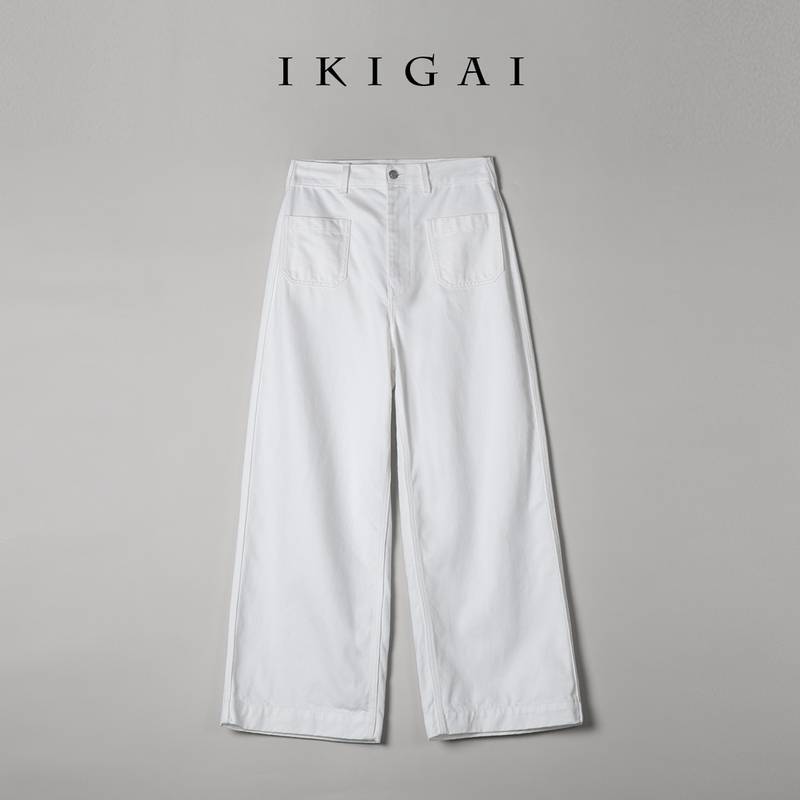 Ikigai 100% Cotton Loose Casual Cut Wide-Leg Plain White Jeans