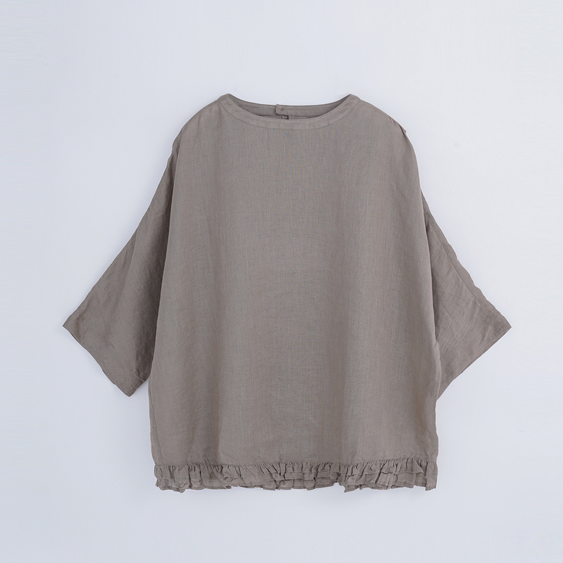 Ikigai Japanese-Made French Linen Shirt with Vintage Ruffled Hem, Simple Casual Loose Mid-Sleeve Top