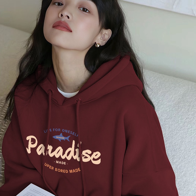 Burgundy Red Autumn and Winter Hooded Sweatshirt for Women 2026 New Wine Red Popular Women's Clothing Fleece-Lined Spring and Autumn Thin Hoodie