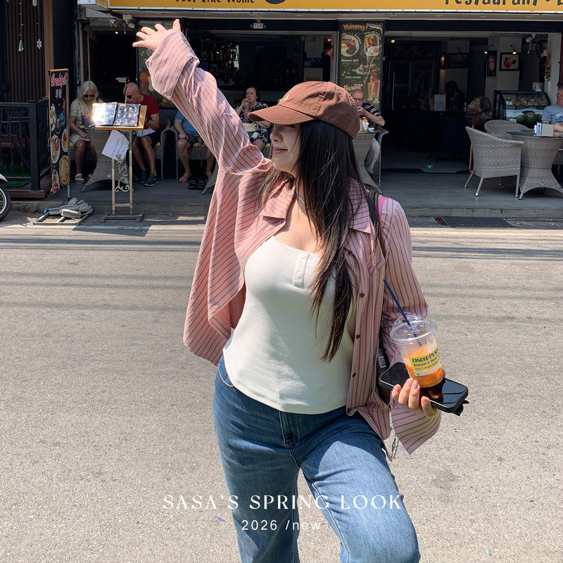 Li Sasa Retro Pink Striped Shirt for Women, Early Spring, Slightly Chubby, Regular Shoulder, Slim Fit, Loose Top