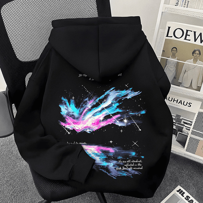 Heavyweight American-Style Aurora Print Hooded Sweatshirt, Unisex, Loose-Fitting Long-Sleeve Hooded Jacket for Autumn and Winter