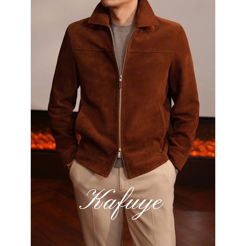 Kafuye Men's Clothing [100% Sheepskin Leather] Vintage Old Money Lapel Leather Jacket Men's Casual Coat 0832