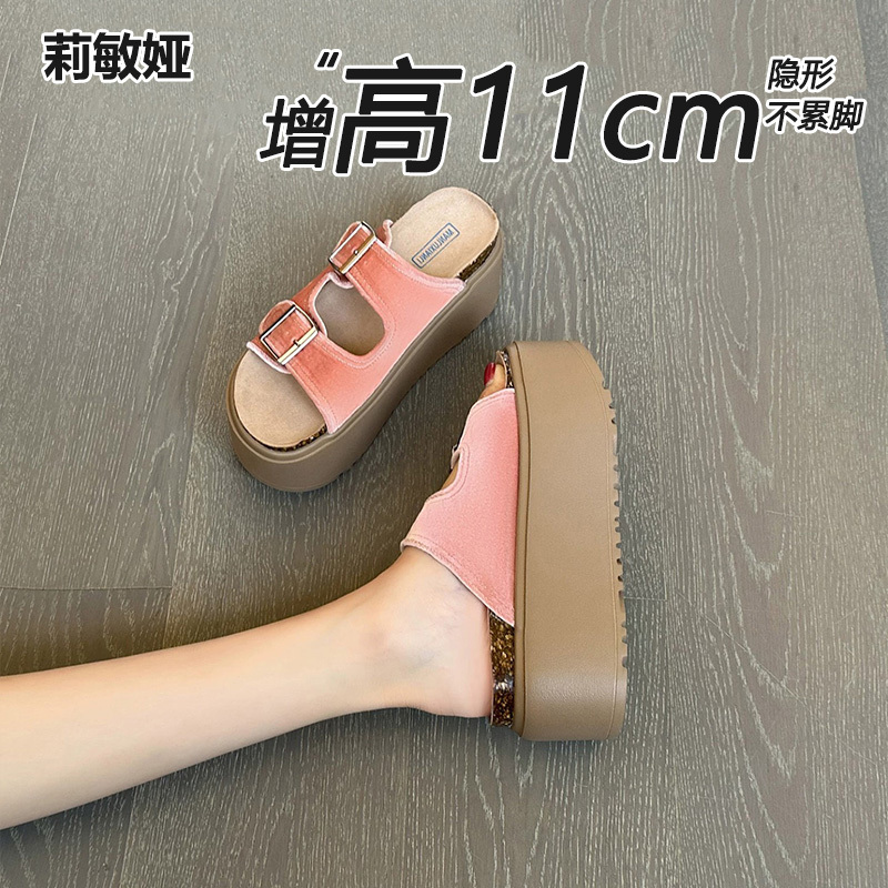 Genuine Leather Height-Increasing 11cm Open-Toe Beach Sandals for Women, New Summer Style, Suitable for Wearing with Skirts, Thick-Soled Slip-On Sandals