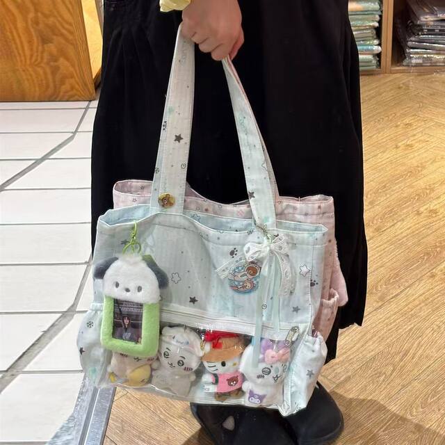 Mint Green Star-Patterned Japanese-Style School-Style Single-Shoulder Canvas Bag for Daily Commuting, Large Capacity Glove Tote Women's Bag