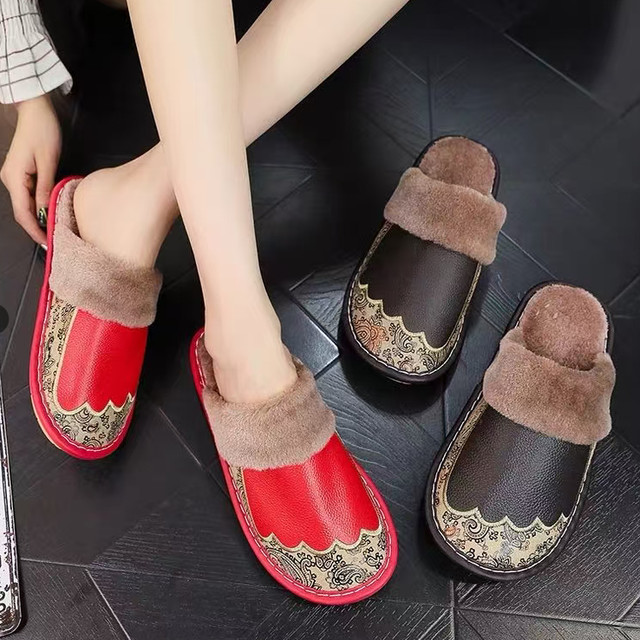 Haining Genuine Leather Home Indoor Leather Slippers, Winter Warm Non-Slip Slippers for Men and Women, Couple's Plush Bedroom Cotton Slippers