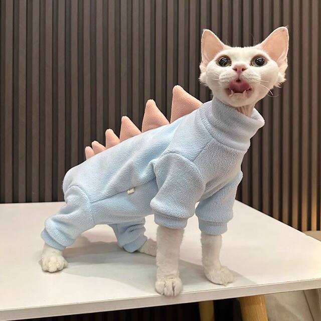 Pet Four-Legged Clothing with Fleece Lining to Protect the Belly, Small Dinosaur-Style Clothes for Hairless Cats, Sphynx Cat Clothes, Devon Cat Clothes