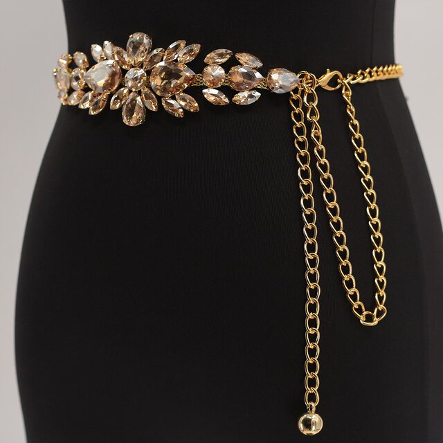New Style Women's Rhinestone-Embellished Chain Belt, High-End Gold Waist Chain, Fashionable Dress and Evening Dress Accessories for Women