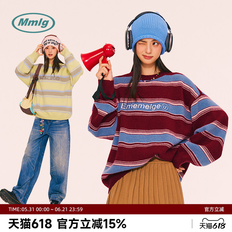 Mmlg Trendy Brand Red Korean Style Simple Color-Blocking Striped Crew Neck Sweater Pullover Knitwear Couple's Matching Style Mmlg Trendy Brand Red Korean Style Simple Color-Blocking Striped Crew Neck Sweater Pullover Knitwear Couple's Matching Style