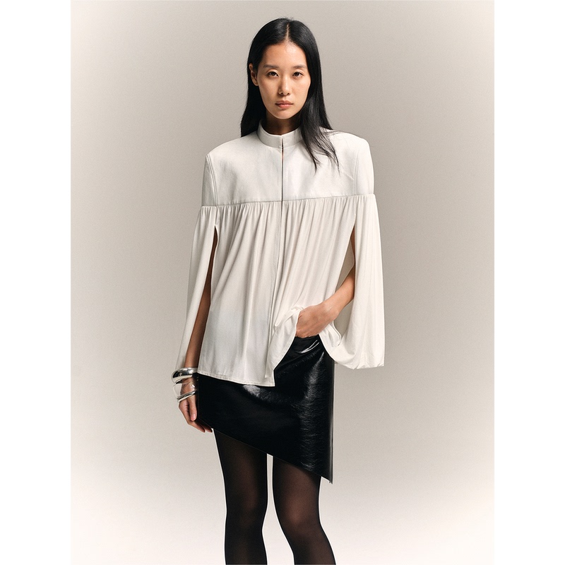 Dionys* Sculptural Leather Patchwork Pleated Cape-Style Shirt Jacket