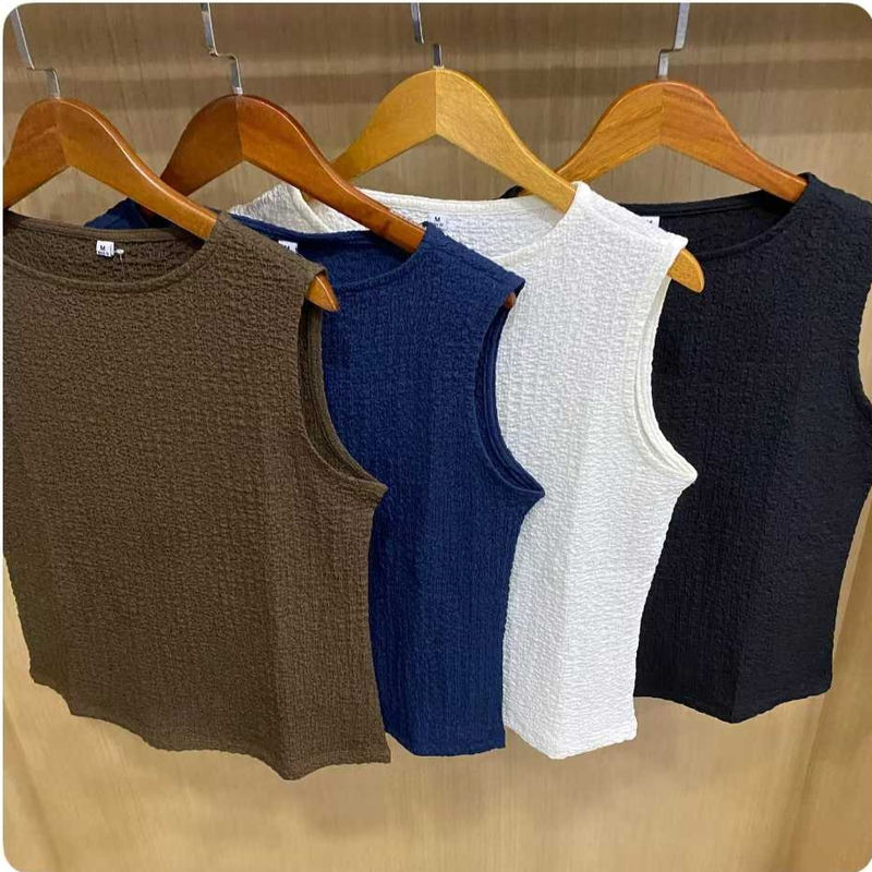 Women's Pleated Boat-Neck T-Shirt/Sleeveless Vest, New Spring/Summer 25 Casual Top and Base Layer Shirt E476358